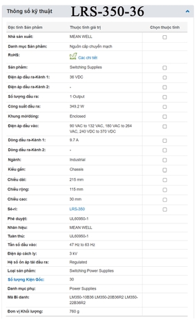Bộ nguồn led 36V-9.7A Meanwell LRS-350-36 350W 36V