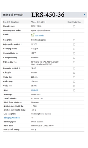 Bộ nguồn led 36V-12.5A Meanwell LRS-450-36 450W 36V