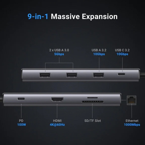 Ugreen 15532 Hub USB-C 9 in 1 USB Type-C to HDMI LAN USB SD/TF Type-C DP 100W CM498