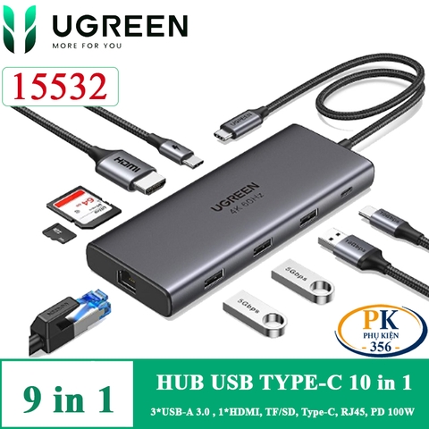 Ugreen 15532 Hub USB-C 9 in 1 USB Type-C to HDMI LAN USB SD/TF Type-C DP 100W CM498