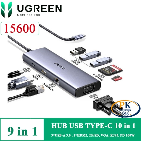 Ugreen 15600 hub USB-C 9 in 1 USB Type-C to HDMI VGA Lan USB DP 100W CM498