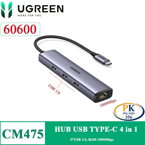 Ugreen 60600  hub USB-C 4 in 1 USB Type-C to RJ45 1000Mbps USB 3.0 CM475