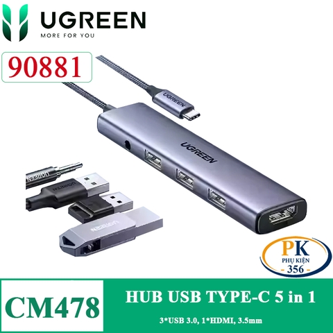 Ugreen 90881 hub USB-C 5 in 1 USB Type-C to HDMI USB 3.0 3.5mm CM478