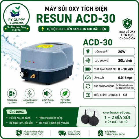 Máy Sủi Oxy Tích Điện Resun ACD 30 | ACD 80 | ACD 130 – Tự Động Chuyển Sang Pin Khi Mất Điện
