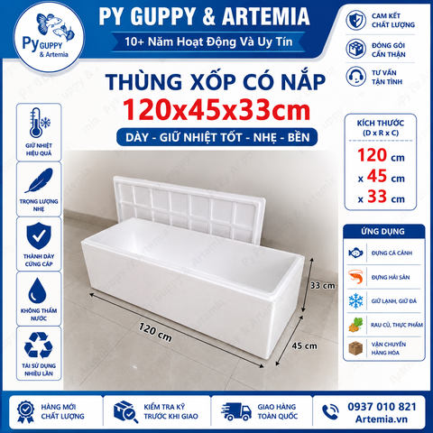 Thùng Xốp Có Nắp 120 x 45 x 33cm - Thùng Xốp Dày Giữ Nhiệt, Đựng Hải Sản, Cá Cảnh, Rau Củ, Thực Phẩm