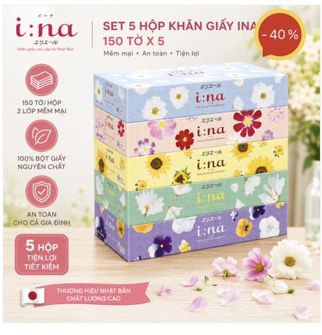 Set 5 hộp khăn giấy Ina 150 tờ x 5