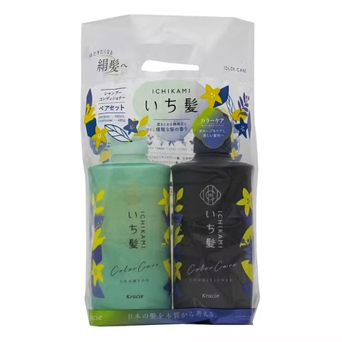Dầu gội xả Ichikami Kracie chai 480ml mẫu mới 2023 (túi nylon set 2) (Xanh - Chăm sóc tóc nhuộm)