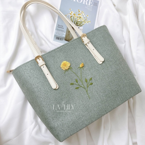 Túi Tote Xanh Mint Thêu Hoa