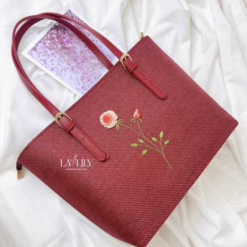 Túi Tote Đỏ Đun Thêu Hoa