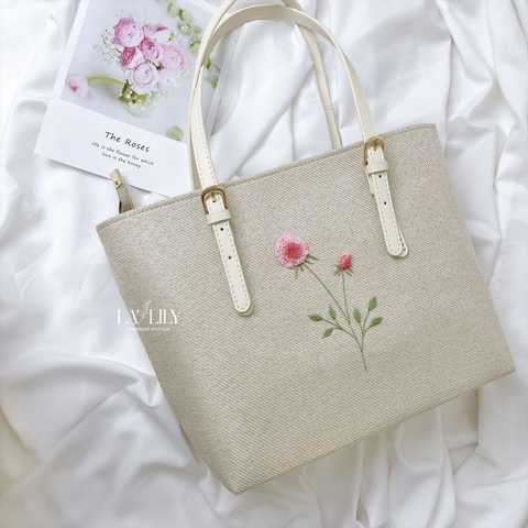 Túi Tote Trắng Kem Thêu Hoa