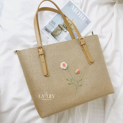 Túi Tote Nâu Tây Thêu Hoa