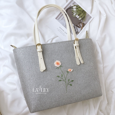 Túi Tote Xám Tro Thêu Hoa