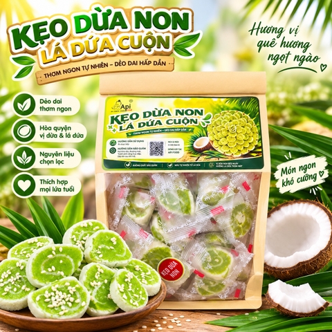 Kẹo Dừa Sáp Non Cuộn Vị Lá Dứa 500gr - Dẻo Mềm, Thơm Ngon Khó Cưỡng