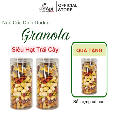 [ COMBO 2 TẶNG 1 ] Ngũ Cốc Granola KHÔNG YẾN MẠCH Api Food - 9 HẠT MACCA - NHO & XOÀI (Macca, Hạnh Nhân, Óc Chó Vàng, Óc Chó Đỏ, Hạt Điều rang muối, Hạt Bí, Nho Khô, Xoài Sấy)