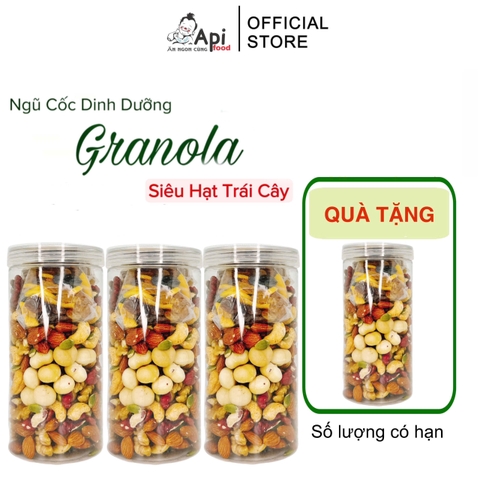 [ COMBO 3 TẶNG 1 ] Ngũ Cốc Granola KHÔNG YẾN MẠCH Api Food - 9 HẠT MACCA - NHO & XOÀI (Macca, Hạnh Nhân, Óc Chó Vàng, Óc Chó Đỏ, Hạt Điều rang muối, Hạt Bí, Nho Khô, Xoài Sấy)