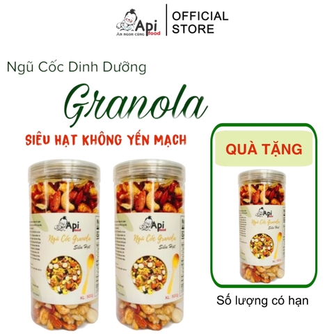 [ COMBO 2 TẶNG 1 ] Ngũ Cốc Granola KHÔNG YẾN MẠCH NƯỚNG MẬT Api Food - 20 HẠT MACCA (Macca, Hạnh Nhân, Óc Chó Vàng, Óc Chó Đỏ, Hạt Điều) Food Thức Ăn Hạt Ngũ Cốc