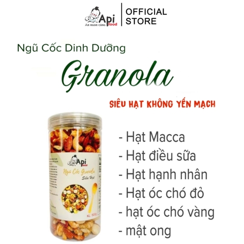 Granola KHÔNG YẾN MẠCH NƯỚNG MẬT Api Food - 20 HẠT MACCA (Macca, Hạnh Nhân, Óc Chó Vàng, Óc Chó Đỏ, Hạt Điều)