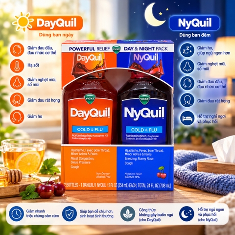 Siro Cảm Cúm Vicks DayQuil & NyQuil Cold & Flu Ngày & Đêm (2 Chai x 354ml) Mỹ