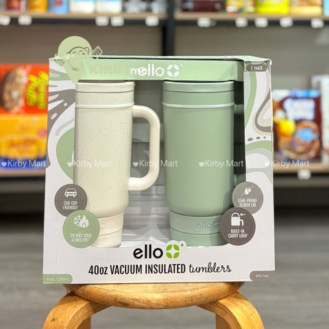 Set 2 Ly Giữ Nhiệt Ello Vacuum Insulated Tumbler 40oz/1183ml Có Quai Cầm – Nắp Chống Tràn Màu Xanh Kem