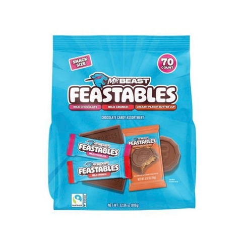 Kẹo socola MrBeast Feastables snack size – Túi mix 3 vị (Milk Chocolate, Milk Crunch, Peanut Butter Cup) 909g Mỹ