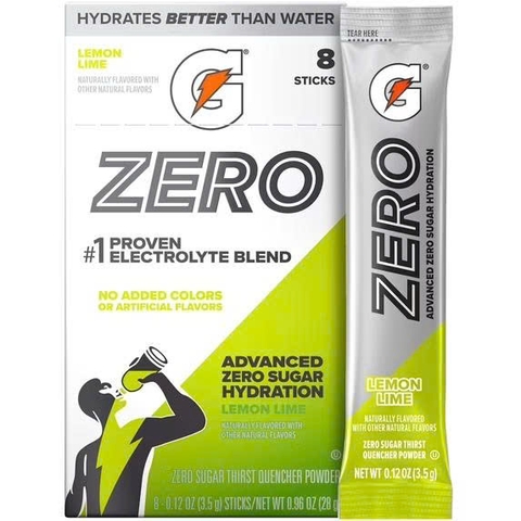 Gatorade Zero Hydration Lemon Lime 8 Gói – Bột Điện Giải Không Đường Vị Chanh Mỹ