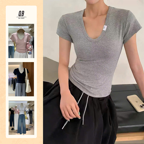 Áo thun QB nữ cổ tim sâu ôm body tôn dáng phong cách gợi cảm thanh lịch trẻ trung B8