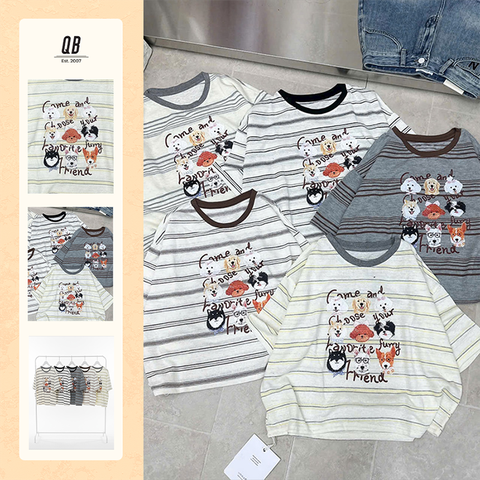 Áo thun QB nữ kẻ sọc in hình thú cưng dễ thương form rộng phong cách đáng yêu trẻ trung B8