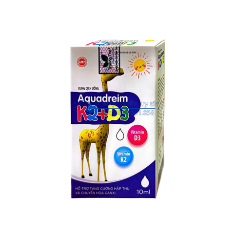 Siro aquadreim k2+d3 giúp bổ sung Vitamin D3 cho cơ thể, hỗ trợ tăng cường hấp thu và chuyển hóa Canxi hộp 10ml
