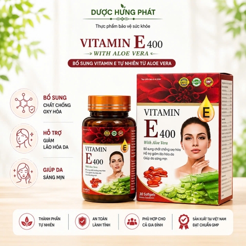 Viên uống Vitamin E 400 With Aloe Vera giúp bổ sung chất chống oxy hóa, hỗ trợ giảm lão hóa da, giúp da sáng mịn hộp 30 viên