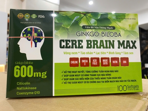 (Mua Sỉ Liên Hệ Zalo) Viên uống Bổ Não thông mạch Ginkgo Biloba Cere Brain Max Hộp Xanh Trắng giúp hoạt huyết, tăng cường lưu thông máu hộp 100 viên