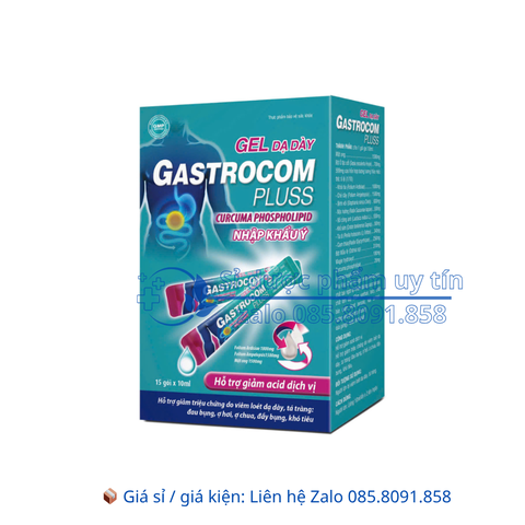 Gel Dạ Dày Gastrocom Pluss giúp giảm triệu chứng do viêm loét dạ dày, tá tràng: đau bụng, ợ hơi, ợ chua, đầy bụng, khó tiêu hộp 15 gói