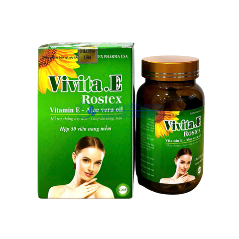 Viên uống Vivita.E Rostex giúp bổ sung vitamin E, hỗ trợ chống oxy hóa, giúp bảo vệ và hạn chế lão hóa da, giúp da sáng, mịn hộp 30 viên