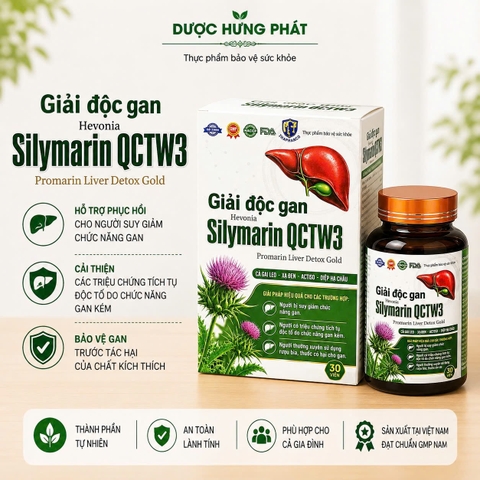 Giải độc gan Hevonia Silymarin QCTW3 Promarin Liver Detox Gold giúp thanh nhiệt, giải độc gan, giúp tăng cường chức năng gan hộp 30 viên