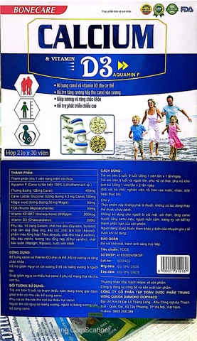 Viên uống bổ sung canxi Bonecare Calcium và vitamin D3 Aquamin F hộp 2 lọ x 30 viên