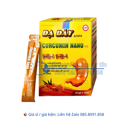 Gel Dạ Dày Azofa Curcumin Nano 5% giúp giảm thiểu các biểu hiện viêm loét dạ dày, tá tràng hộp 20 gói