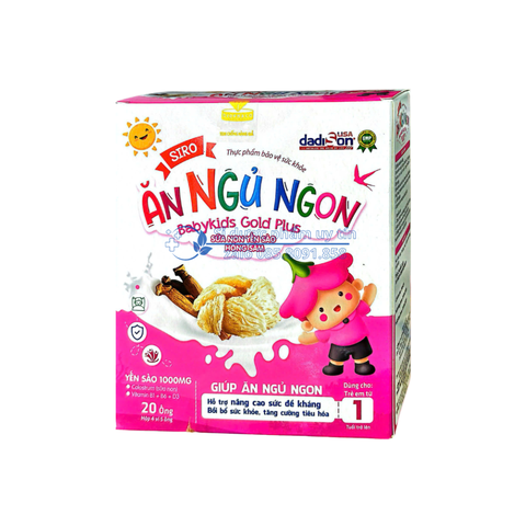 Siro Ăn Ngủ Ngon Babykids Gold Plus Sữa Non Yến Sào Hồng Sâm giúp bồi bổ sức khỏe, tăng cường tiêu hóa, giúp ăn ngủ ngon, nâng cao sức đề kháng hộp 20 ống