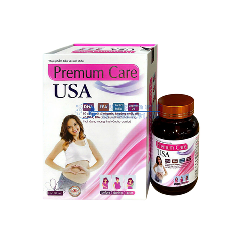 Viên uống vitamin bầu Premum Care USA giúp bổ sung một số vitamin, khoáng chất, sắt và DHA, EPA cho phụ nữ trước khi mang thai, mang thai và cho con bú hộp 30 viên