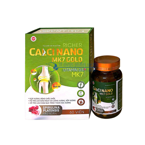 Viên uống Richer Calci Nano MK7 Gold giúp bổ sung Calci, vitamin D3, MK7 và khoáng chất cần thiết hỗ trợ làm giảm nguy cơ loãng xương, xốp xương, thiếu calci hộp 60 viên