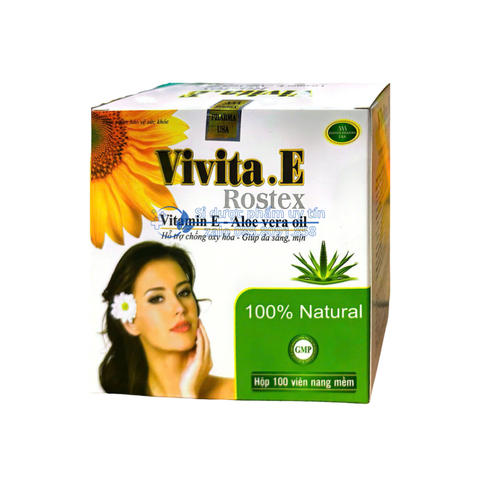 Viên uống Vivita.E Rostex giúp bổ sung vitamin E, hỗ trợ chống oxy hóa, giúp bảo vệ và hạn chế lão hóa da, giúp da sáng, mịn hộp 100 viên