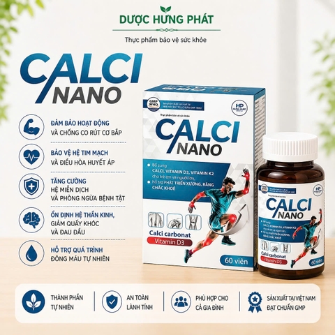 Viên uống Calci Nano giúp bổ sung calci, vitamin D3, vitamin K2, hỗ trợ phát triển xương, răng chắc khỏe hộp 60 viên