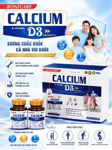 (Mua Sỉ Liên Hệ Zalo) Viên uống bổ sung canxi Bonecare Calcium và vitamin D3 Aquamin F giúp bổ sung canxi, vitamin D3 giúp xương, răng chắc khỏe hộp 2 lọ x 30 viên