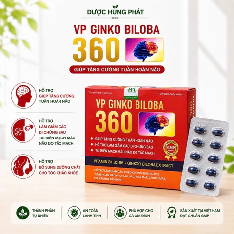 Viên uống bổ não VP Ginko Biloba 360 Hộp Đỏ giúp tăng cường tuần hoàn não, giảm các triệu chứng thiểu năng tuần hoàn não hộp 100 viên
