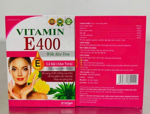 (Mua Sỉ Liên Hệ Zalo) Viên uống Vitanin E 400 With Aloe Vera giúp bổ sung vitamin E, hỗ trợ chống oxy hóa, giúp bảo vệ và hạn chế lão hóa da, giúp da sáng, mịn hộp 30 viên