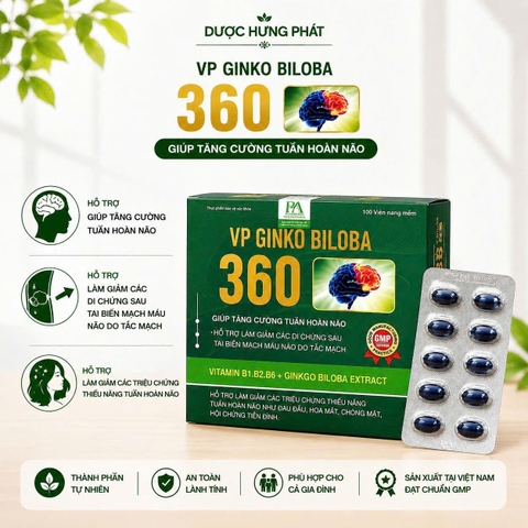 Viên uống bổ não VP Ginko Biloba 360 Hộp Xanh giúp tăng cường tuần hoàn não, giảm các triệu chứng thiểu năng tuần hoàn não hộp 100 viên