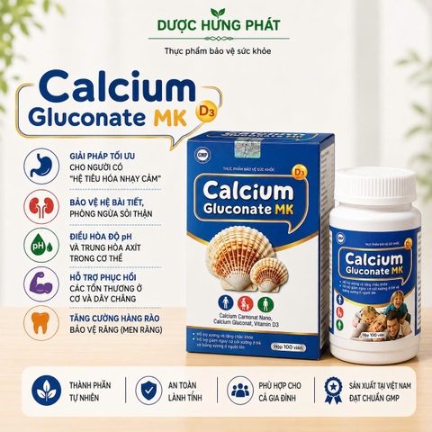Viên uống Calcium Gluconate MK  giúp bổ sung canxi cho cơ thể, hỗ trợ xương và răng chắc khỏe hộp 100 viên