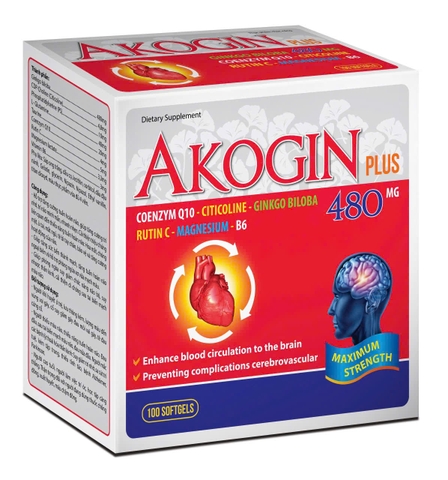 (Mua Sỉ Liên Hệ Zalo) Viên uống bổ não Akogin Plus Đỏ giúp hoạt huyết dưỡng não, tăng cường tuần hoàn và lưu thông máu não hộp 100 viên