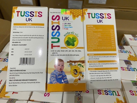 (Mua Sỉ Liên Hệ Zalo) Siro ho Tussis UK Vàng giúp bổ phế, hỗ trợ giảm ho, long đờm, hỗ trợ giải cảm do lạnh hộp 125 ml