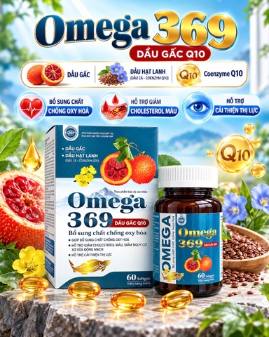 (Mua Sỉ Liên Hệ Zalo) Viên uống Omega 369 Dầu Gấc Q10 giúp tốt cho mắt, giảm nguy cơ xơ vữa động mạch, bổ sung chất chống oxy hoá hộp 60 viên