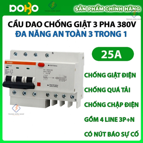[RCBO 3P 25A] Cầu Dao Chống Giật  RCBO 3 Pha 380V 25A RCBO DOBO KOREA siêu nhạy - 4.5kA 30mA (Aptomat chống giật) DZ47LE-88253P