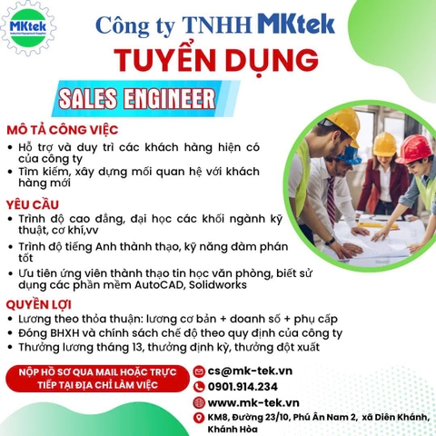 TUYỂN DỤNG KỸ THUẬT ĐIỆN NƯỚC VÀ SALES ENGINEER TẠI KHÁNH HÒA - CÔNG TY MKTEK